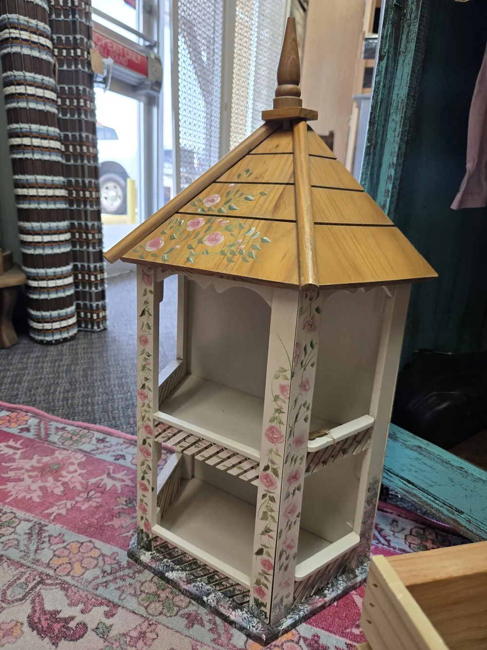 Hand-Painted Wooden Display Cabinet with Floral Roof